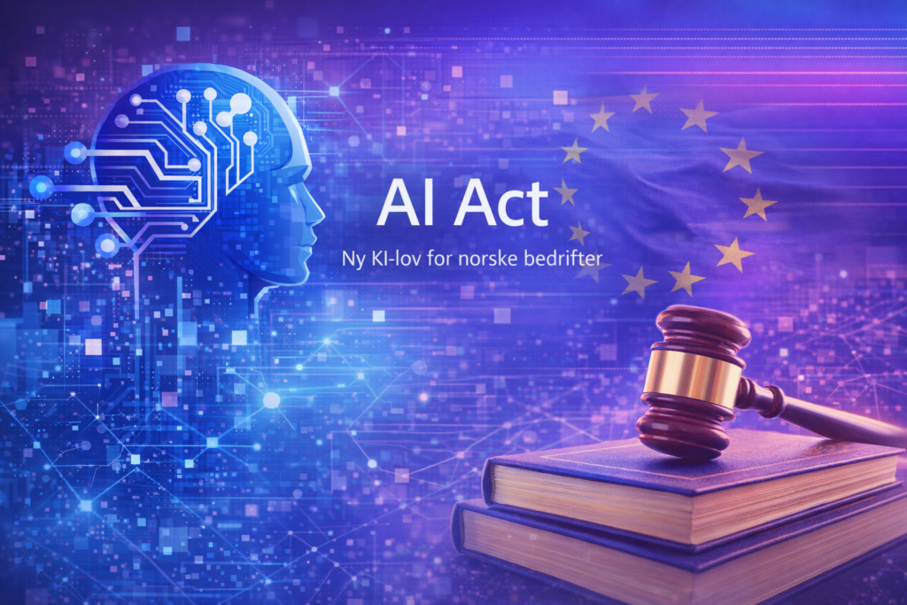 Illustrasjon av AI Act med EU‑symbolikk, lovverk og digital teknologi i blå/lilla gradient.