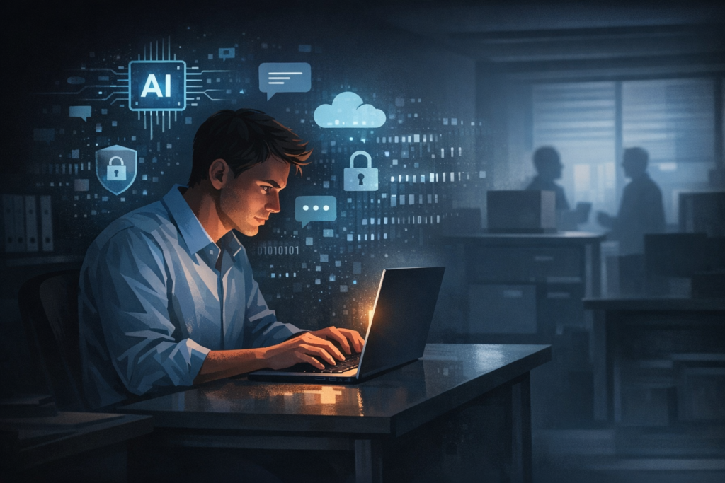 AI-bruk i bedrift. Illustrasjon av ansatt som bruker AI‑verktøy i skjul, med digitale symboler som representerer data og sikkerhet.