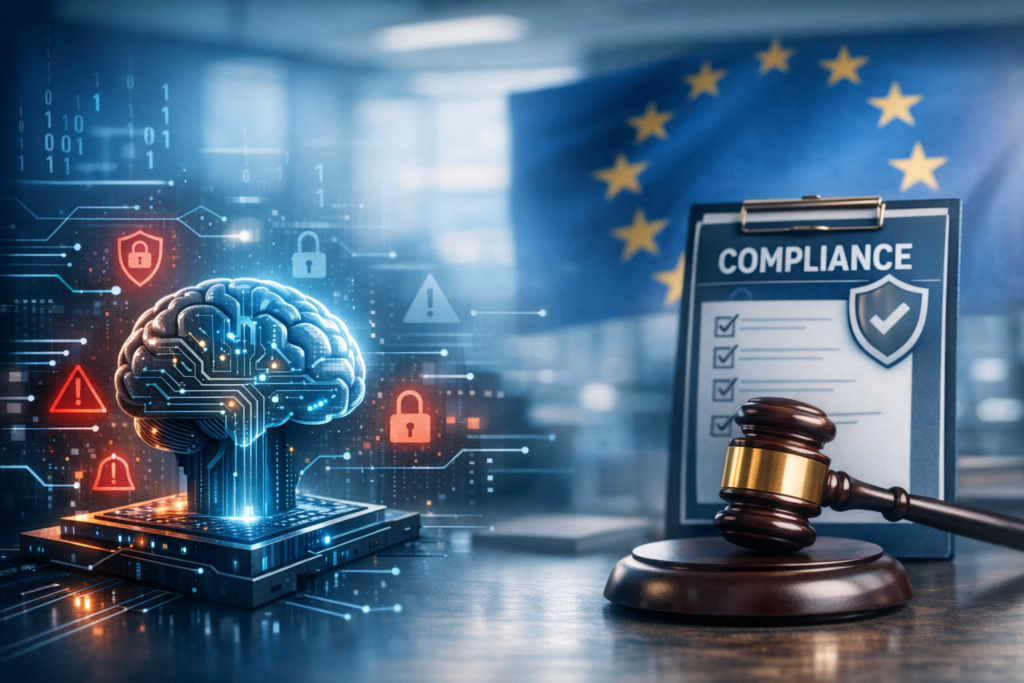 Illustrasjon av KI‑loven og AI‑compliance med fokus på vanlige AI‑feil: holografisk hjerne på kretskort, EU‑flagg i bakgrunnen og dommerhammer ved siden av et dokument merket «Compliance».