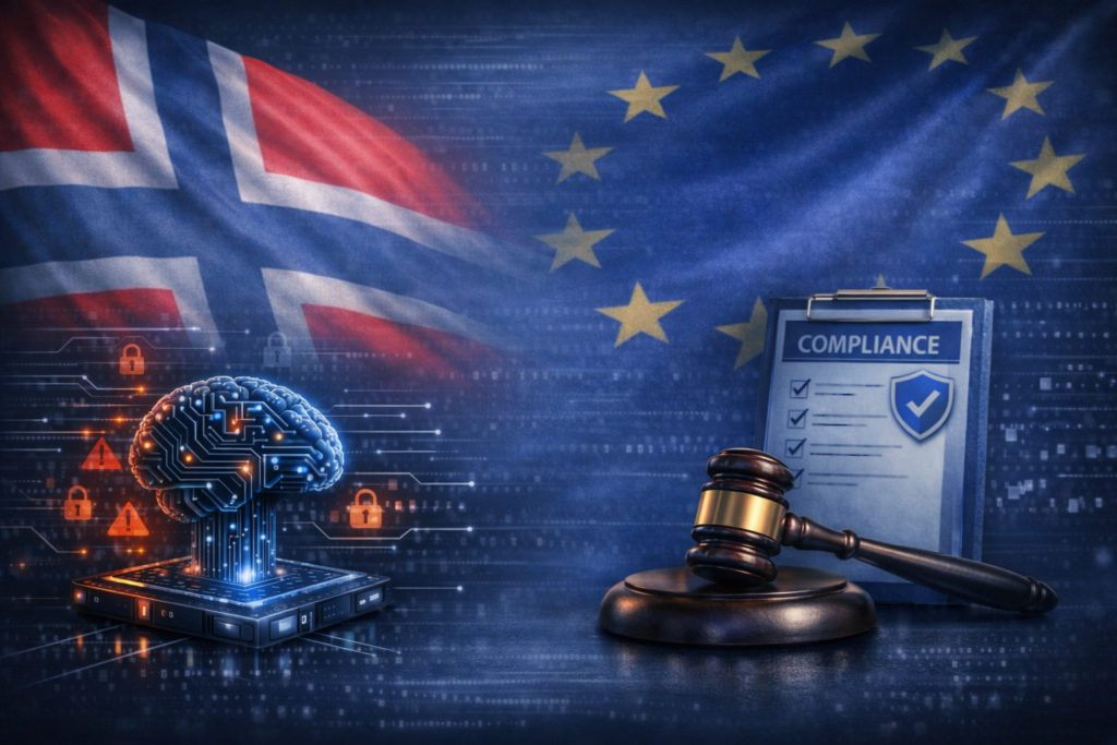 AI Act Norge illustrasjon med norsk flagg, EU‑stjerner, AI‑chip og compliance‑symboler