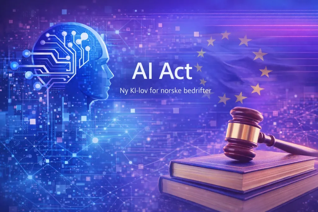Illustrasjon av AI Act med EU-symbolikk, lovverk og digital teknologi i blå/lilla gradient.KI loven