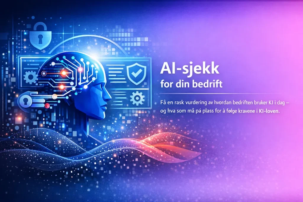 Illustrasjon av AI-sjekk for bedrifter med digitalt AI-hode, sikkerhetssymboler og teknologisk bakgrunn.