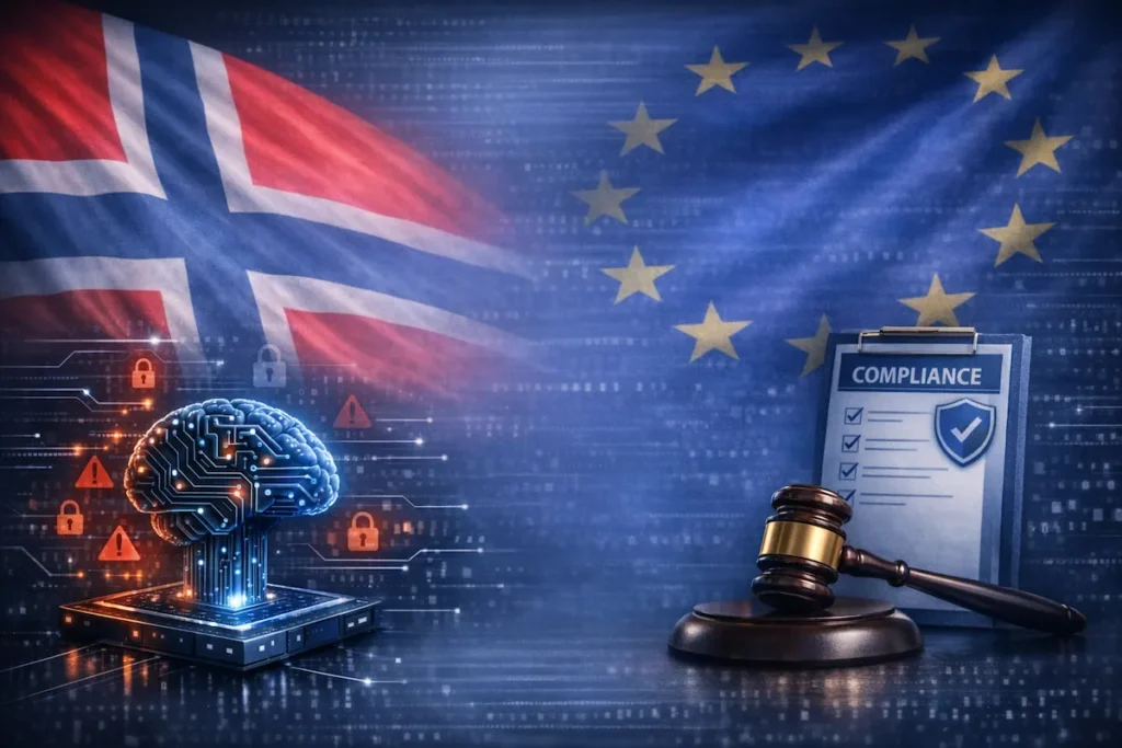 AI Act Norge illustrasjon med norsk flagg, EU‑stjerner, AI‑chip og compliance‑symboler